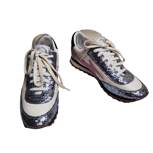 NWOB Marc Jacobs Astor bolt lighting women's glitter leather sneakers 7.5 - Picture 2 of 10